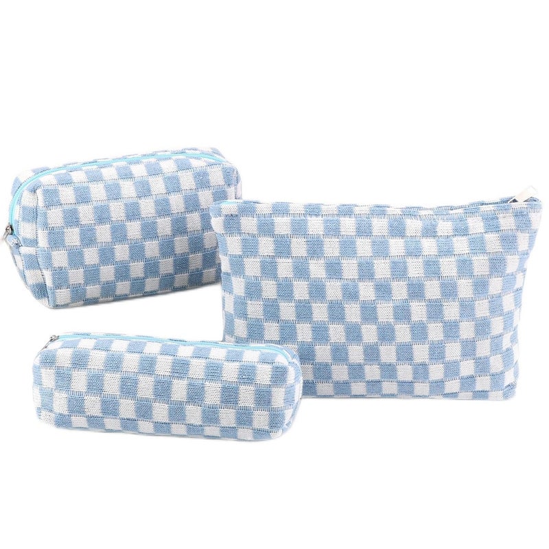 EIMMBD Makeup Bag 3 Pieces Large Capacity Checkered Cosmetic Bag Canvas Travel Toiletry Bag Organizer Cute Makeup Bag Pouch Storage Bag for Women(Blue) - Image 1